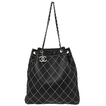 Chanel Black Lambskin Wild Stitch Chain Tote Handbag