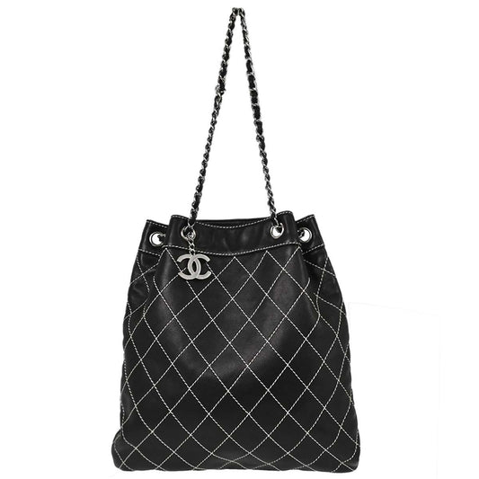 Chanel Black Lambskin Wild Stitch Chain Tote Handbag