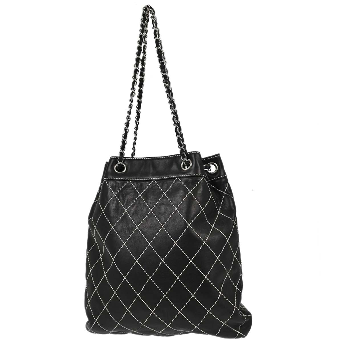 Chanel Black Lambskin Wild Stitch Chain Tote Handbag