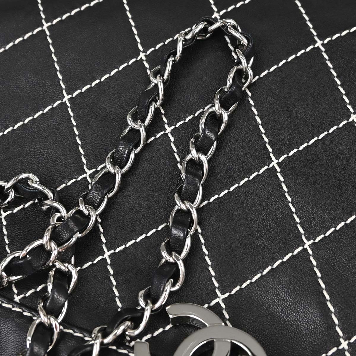Chanel Black Lambskin Wild Stitch Chain Tote Handbag