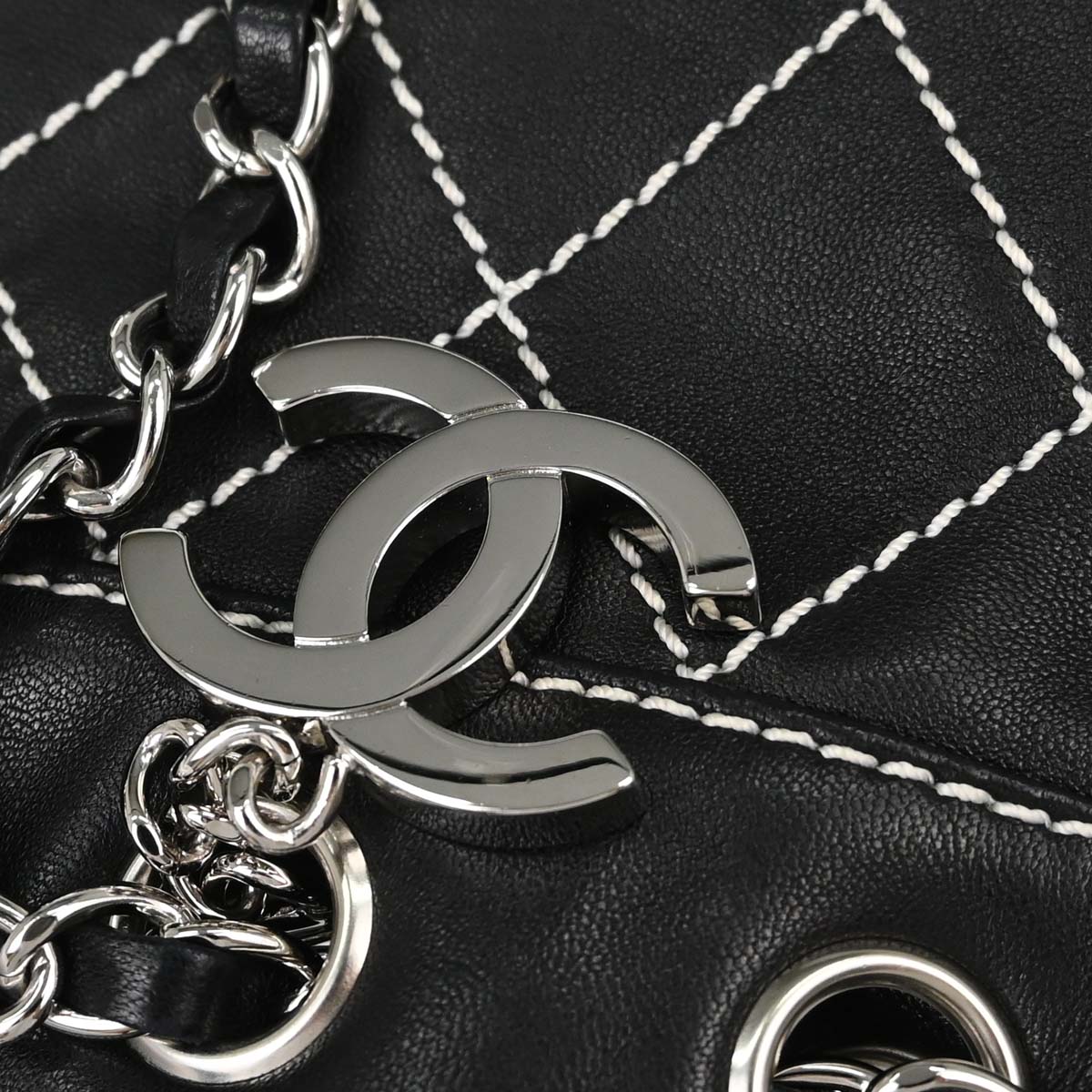 Chanel Black Lambskin Wild Stitch Chain Tote Handbag