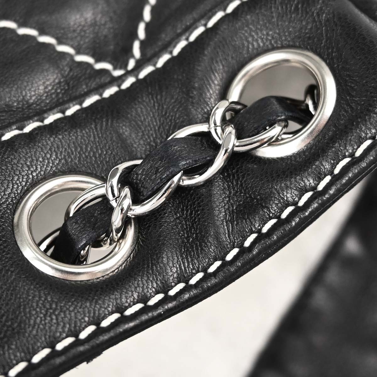 Chanel Black Lambskin Wild Stitch Chain Tote Handbag