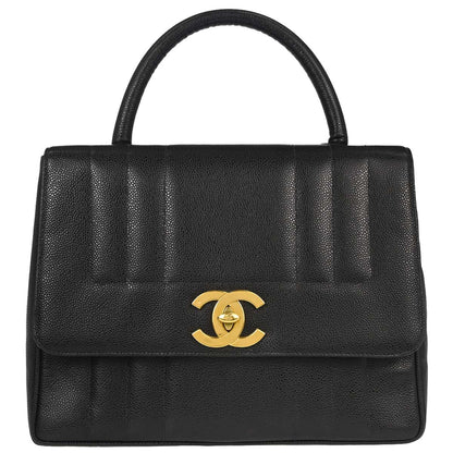 Chanel Black Caviar Skin Mademoiselle Straight Flap Top Handle Handbag