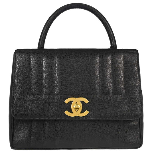 Chanel Black Caviar Skin Mademoiselle Straight Flap Top Handle Handbag
