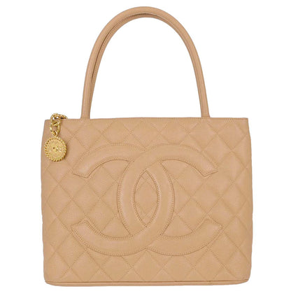Chanel Beige Caviar Skin Medallion Tote Handbag
