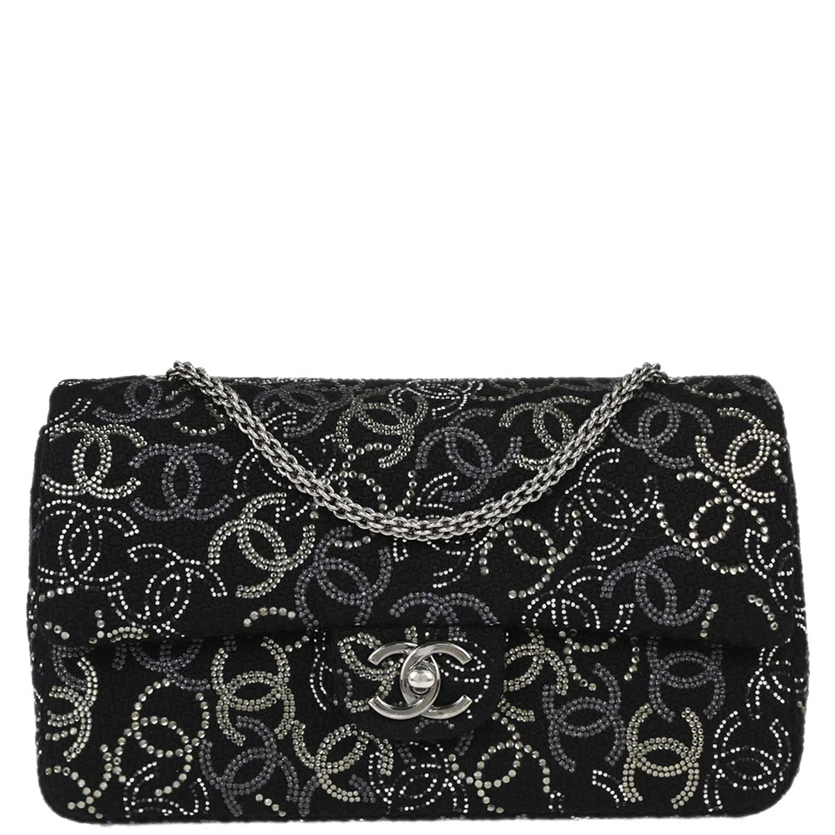 Chanel Black Fabric Rhinestone Medium Classic Double Flap Shoulder Bag