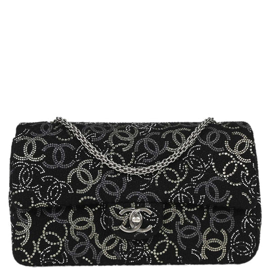 Chanel Black Fabric Rhinestone Medium Classic Double Flap Shoulder Bag