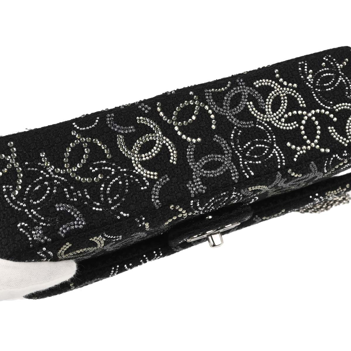 Chanel Black Fabric Rhinestone Medium Classic Double Flap Shoulder Bag
