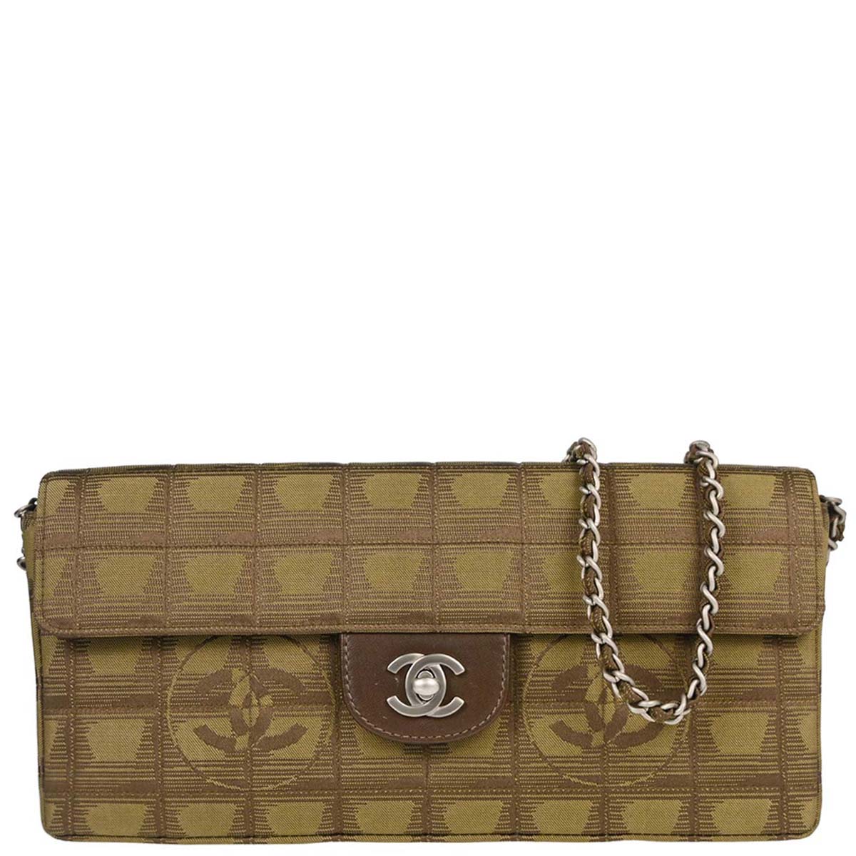 Chanel Khaki Jacquard Nylon Travel Line East West Shoulder Bag