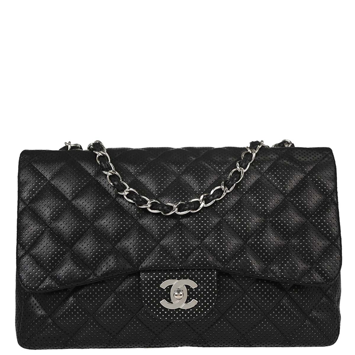 Chanel Black Perforated Lambskin Jumbo Classic Flap Shoulder Bag