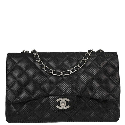 Chanel Black Perforated Lambskin Jumbo Classic Flap Shoulder Bag