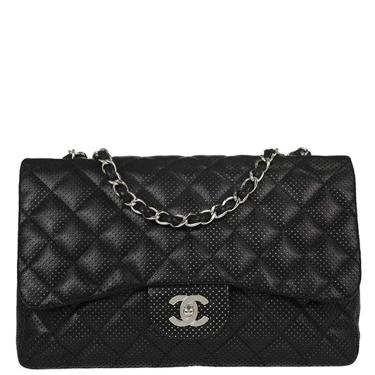 Chanel Black Perforated Lambskin Jumbo Classic Flap Shoulder Bag