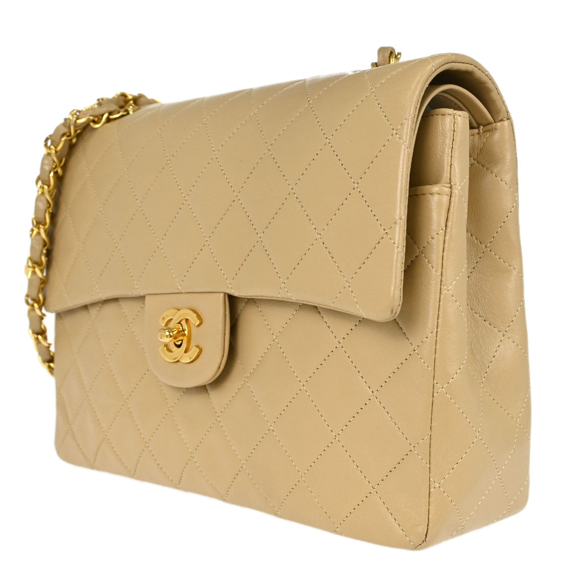 Chanel Beige Lambskin Medium Double Flap Shoulder Bag