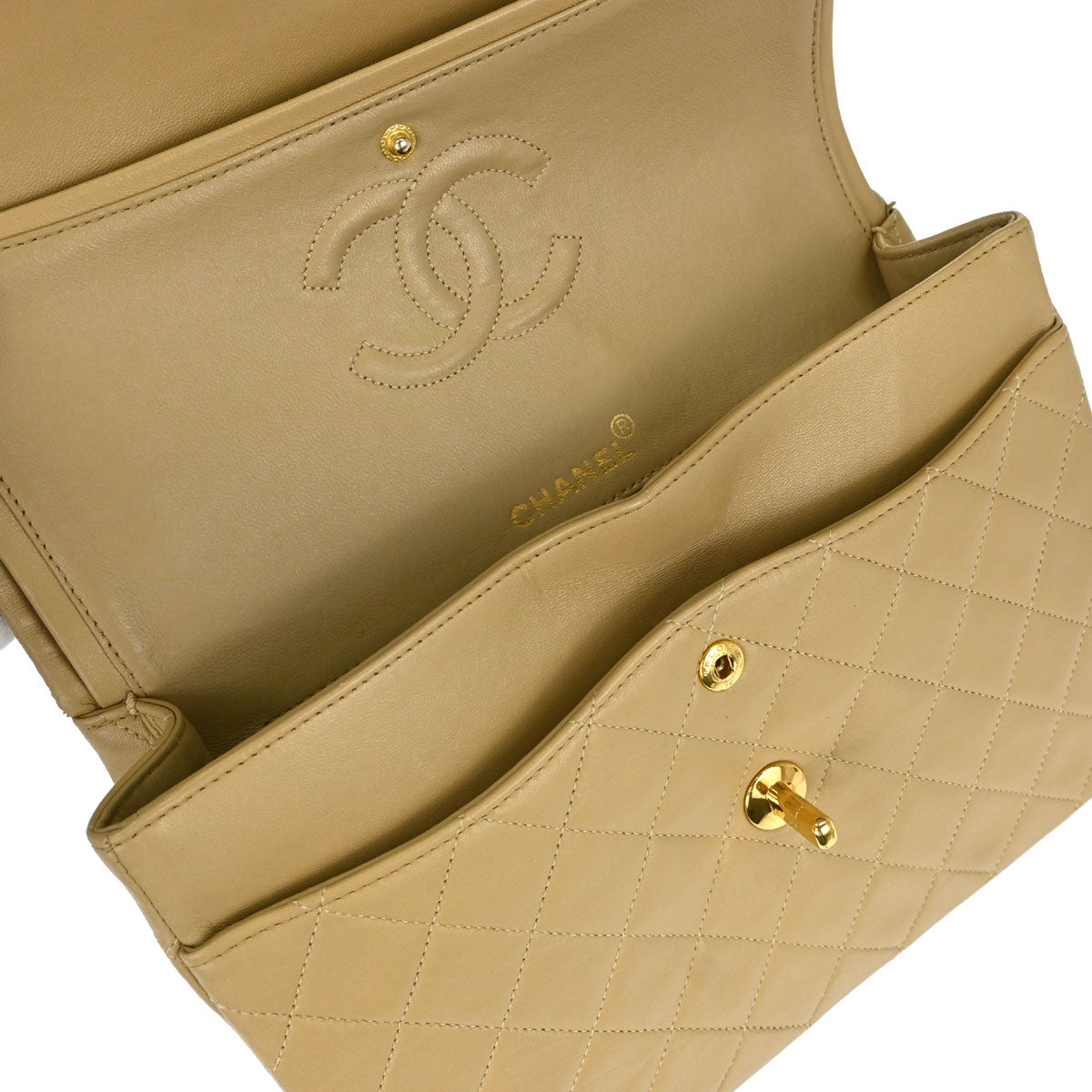 Chanel Beige Lambskin Medium Double Flap Shoulder Bag