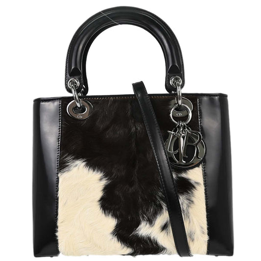 Christian Dior Black Pony Hair Leather Lady Dior 2way Shoulder Handbag