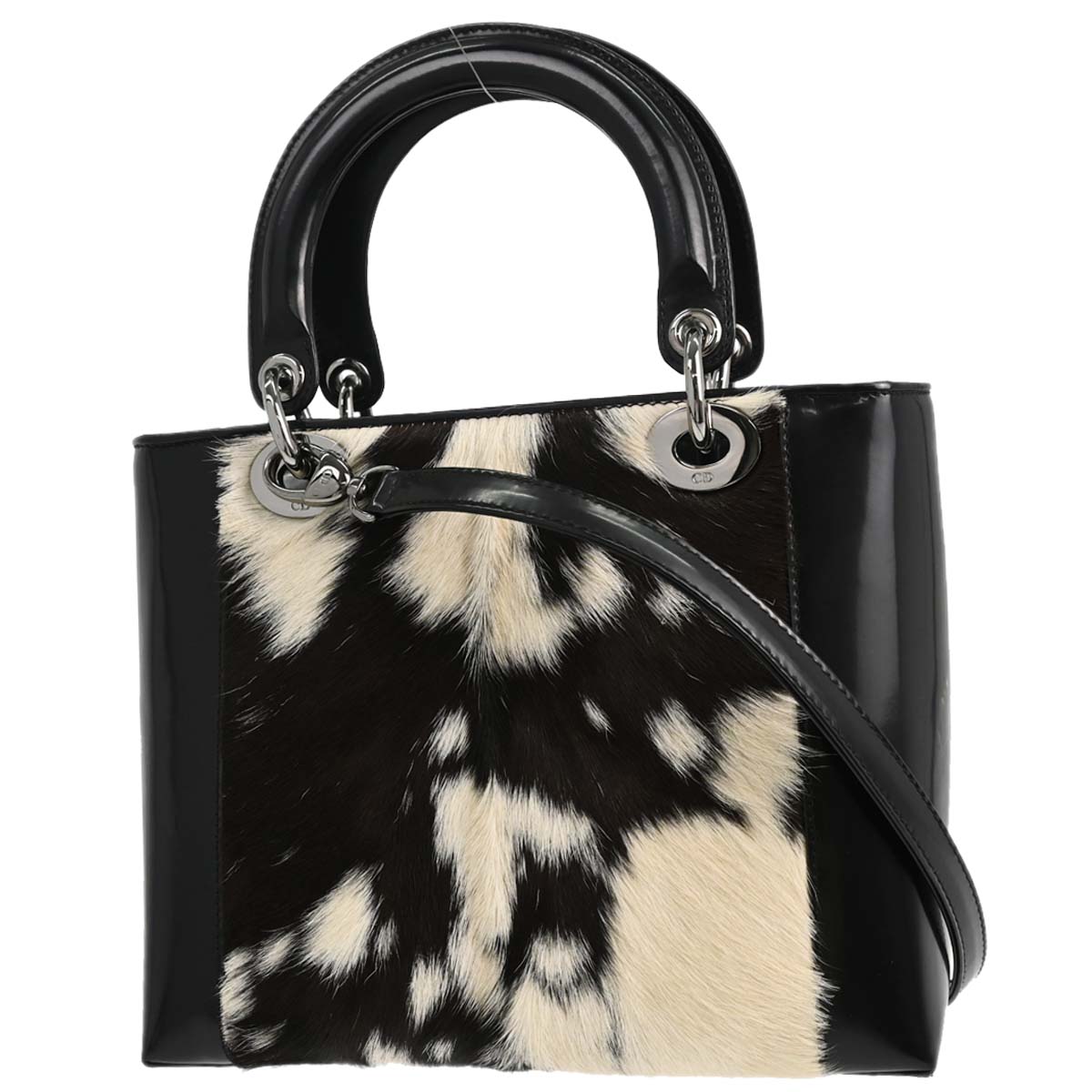 Christian Dior Black Pony Hair Leather Lady Dior 2way Shoulder Handbag