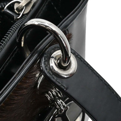 Christian Dior Black Pony Hair Leather Lady Dior 2way Shoulder Handbag