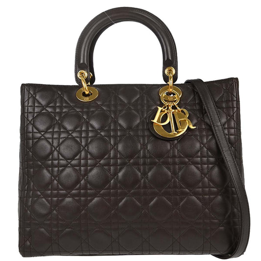 Christian Dior Brown Lambskin Lady Dior Cannage 2way Shoulder Handbag