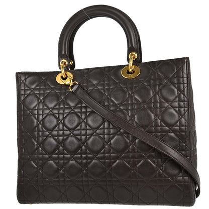 Christian Dior Brown Lambskin Lady Dior Cannage 2way Shoulder Handbag