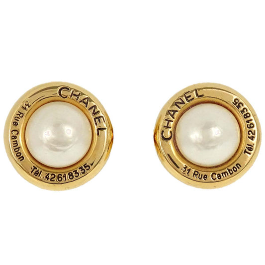 Chanel Costume Pearl Button Clip-On Earrings Gold