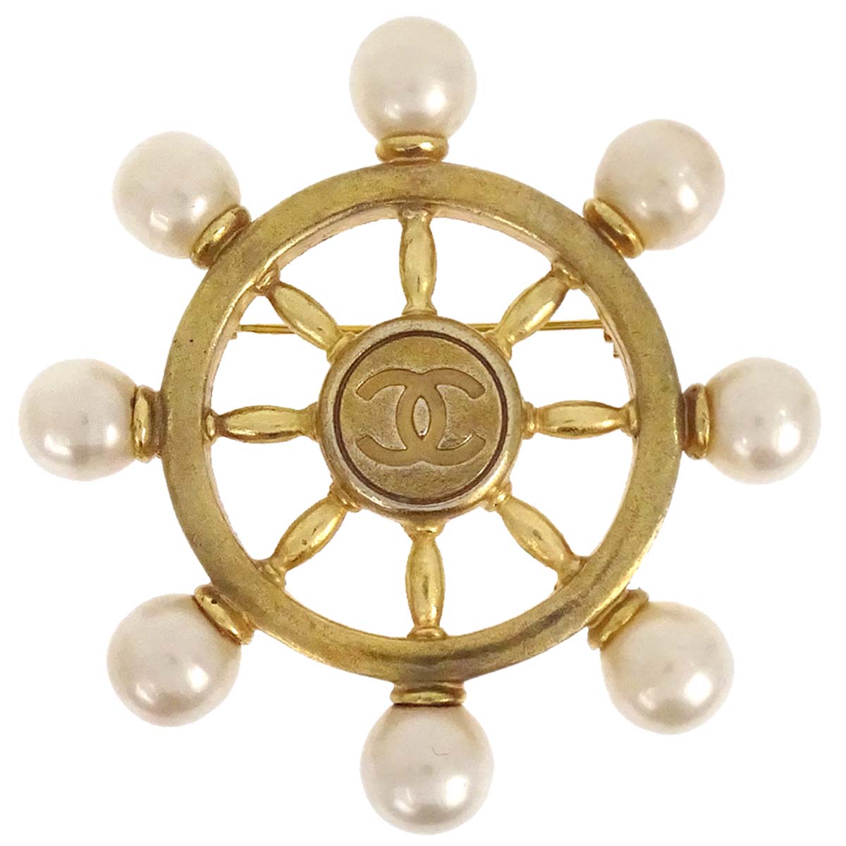Chanel Steering Wheel Costume Pearl Brooch Pin Gold 94P