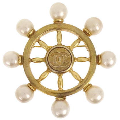 Chanel Steering Wheel Costume Pearl Brooch Pin Gold 94P