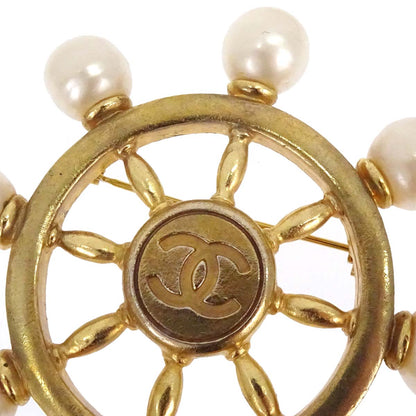 Chanel Steering Wheel Costume Pearl Brooch Pin Gold 94P