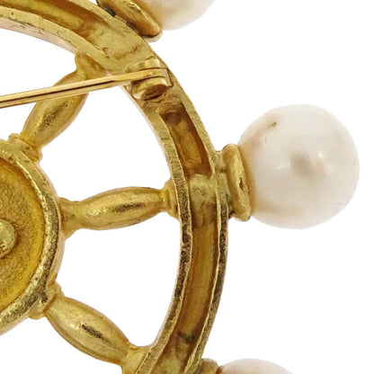 Chanel Steering Wheel Costume Pearl Brooch Pin Gold 94P