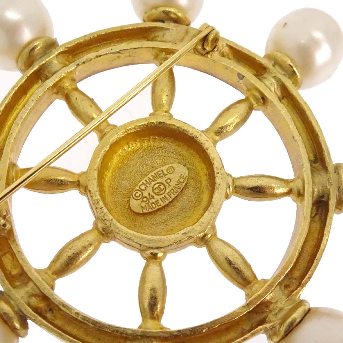 Chanel Steering Wheel Costume Pearl Brooch Pin Gold 94P