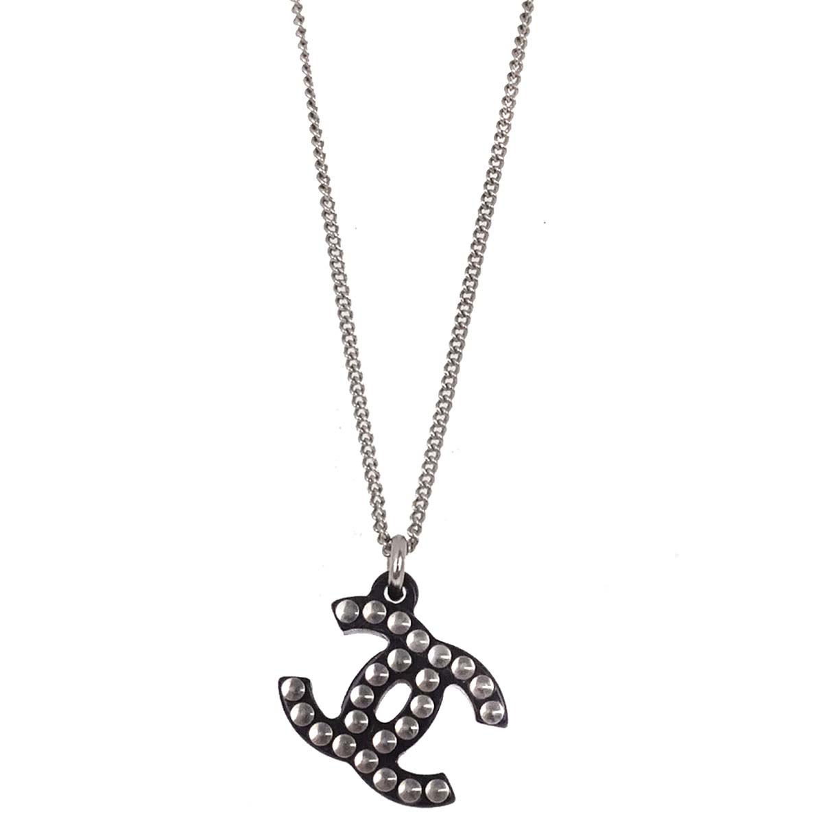Chanel CC Chain Pendant Necklace Acrylic Silver Black 05P