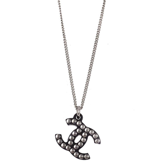 Chanel CC Chain Pendant Necklace Acrylic Silver Black 05P