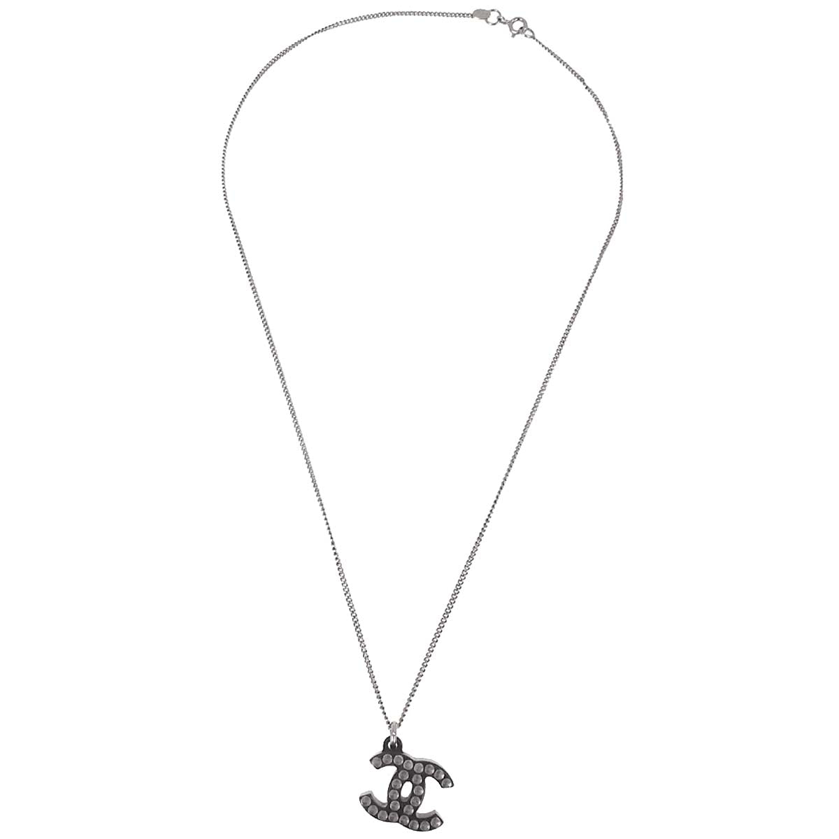 Chanel CC Chain Pendant Necklace Acrylic Silver Black 05P
