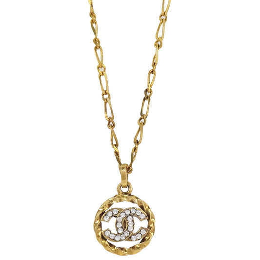 Chanel Medallion Chain Pendant Necklace Gold Rhinestone 3438/1982