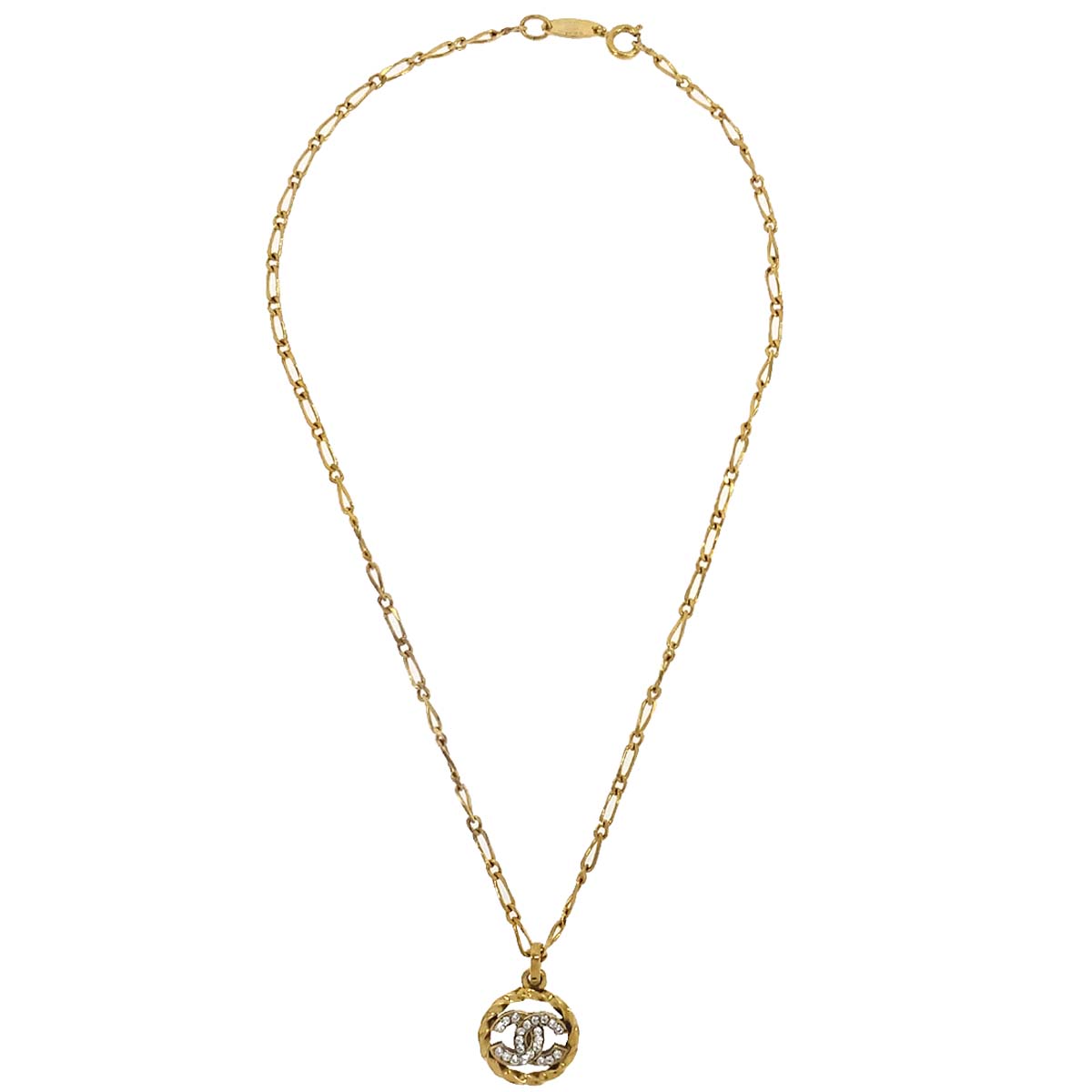 Chanel Medallion Chain Pendant Necklace Gold Rhinestone 3438/1982