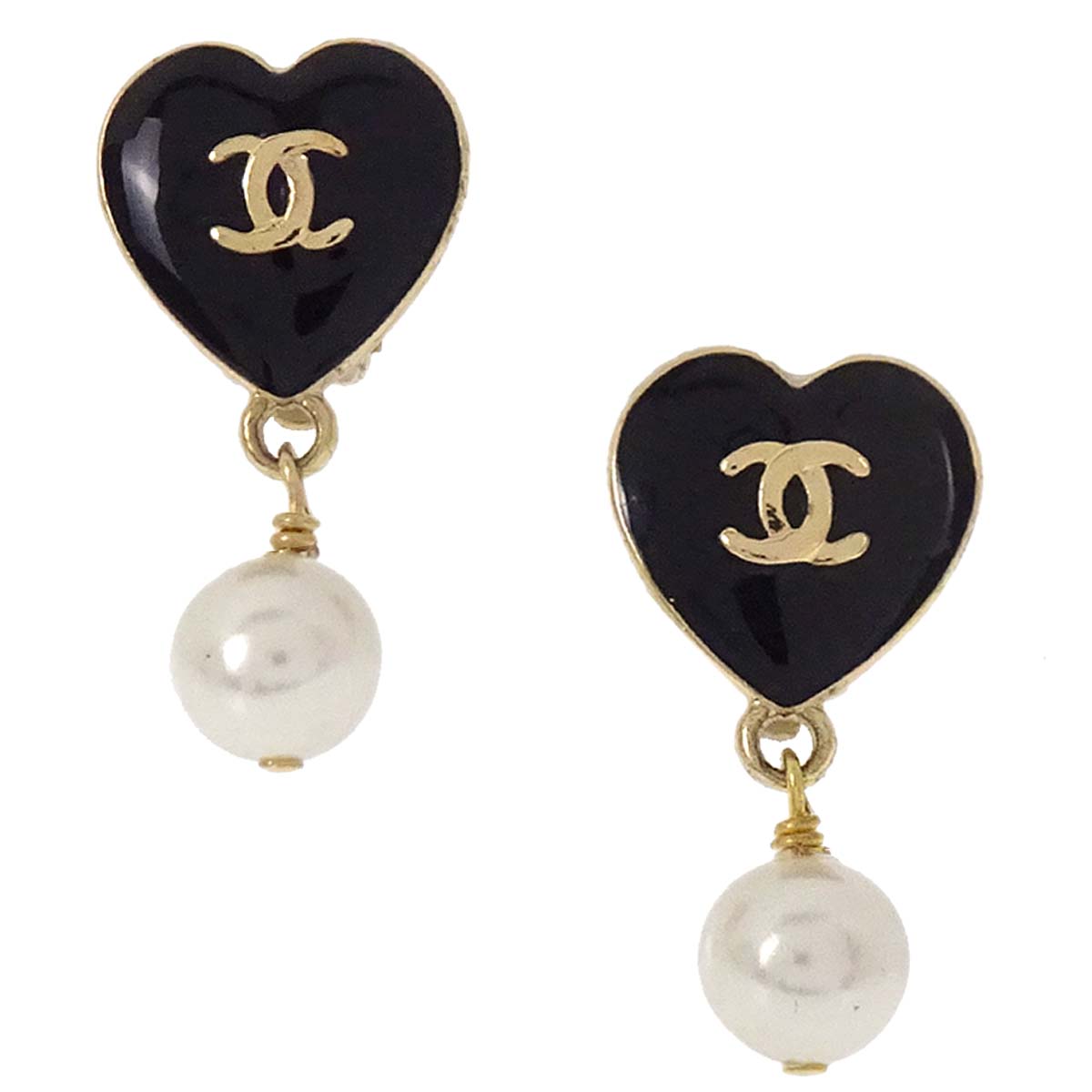 Chanel Heart Costume Pearl Dangle Clip-On Earrings Gold 04A