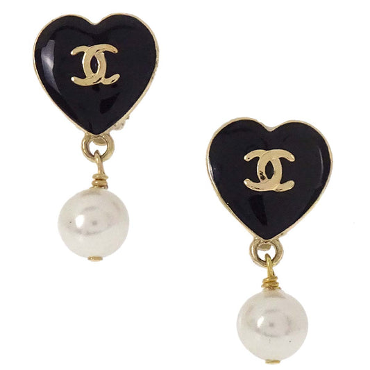 Chanel Heart Costume Pearl Dangle Clip-On Earrings Gold 04A
