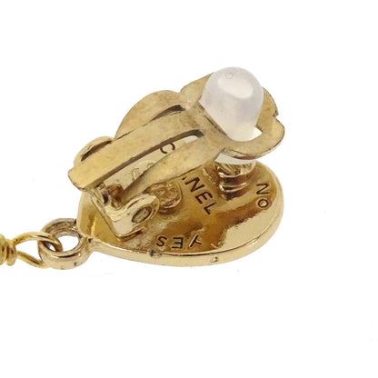 Chanel Heart Costume Pearl Dangle Clip-On Earrings Gold 04A