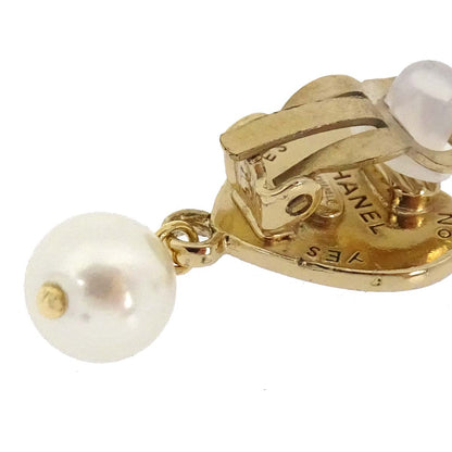 Chanel Heart Costume Pearl Dangle Clip-On Earrings Gold 04A