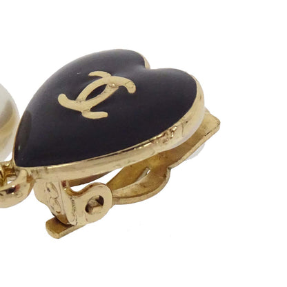 Chanel Heart Costume Pearl Dangle Clip-On Earrings Gold 04A