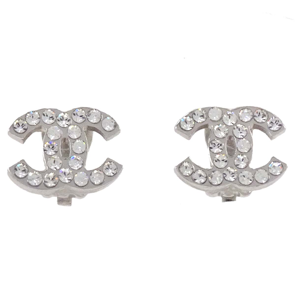 Chanel CC Silver Rhinestone Clip-On Earrings 05V