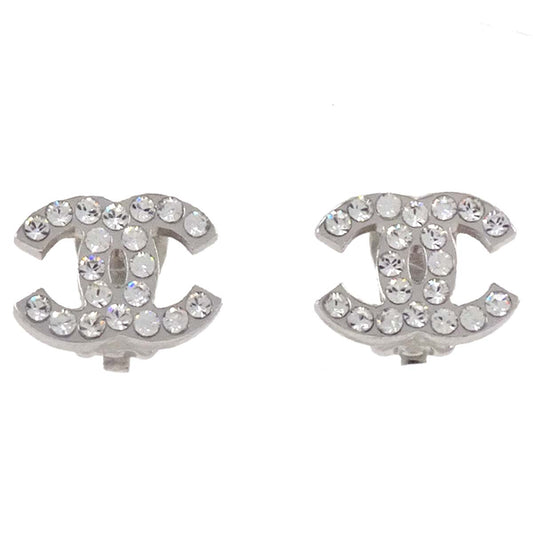 Chanel CC Silver Rhinestone Clip-On Earrings 05V