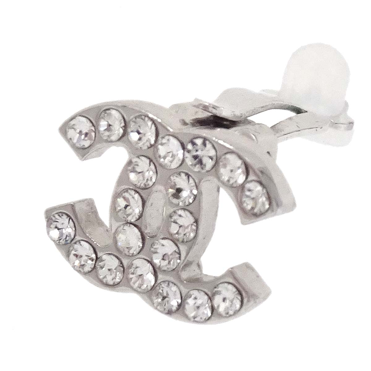 Chanel CC Silver Rhinestone Clip-On Earrings 05V