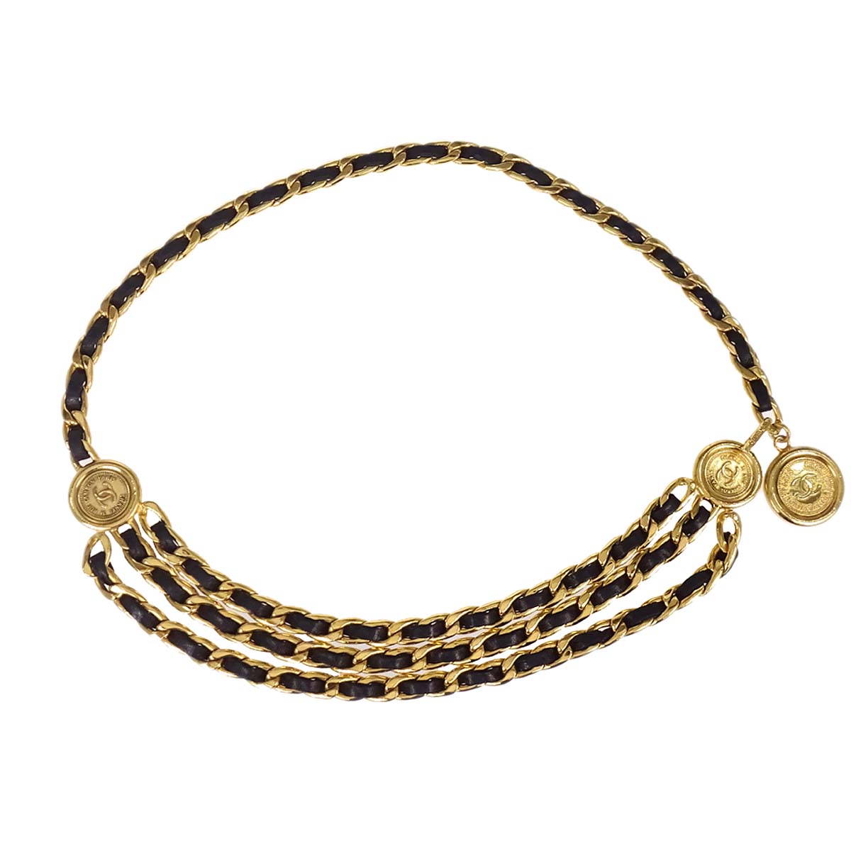Chanel Chain Belt Medallion Gold Black Small Good