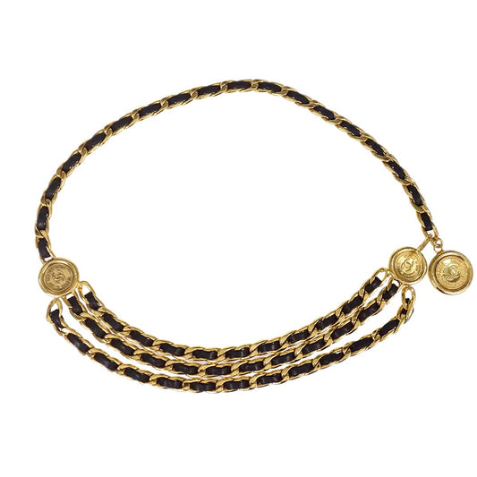 Chanel Chain Belt Medallion Gold Black Small Good