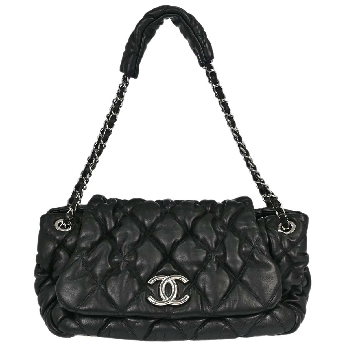 Chanel Black Lambskin Bubble Quilt Accordion Flap Handbag