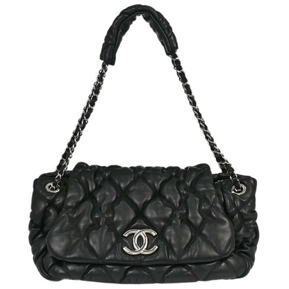 Chanel Black Lambskin Bubble Quilt Accordion Flap Handbag