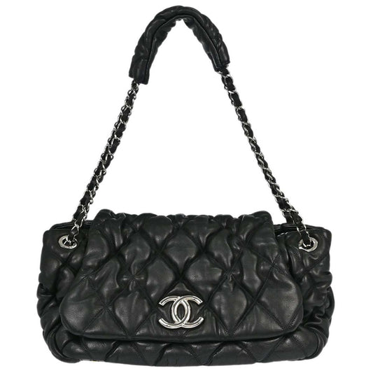 Chanel Black Lambskin Bubble Quilt Accordion Flap Handbag