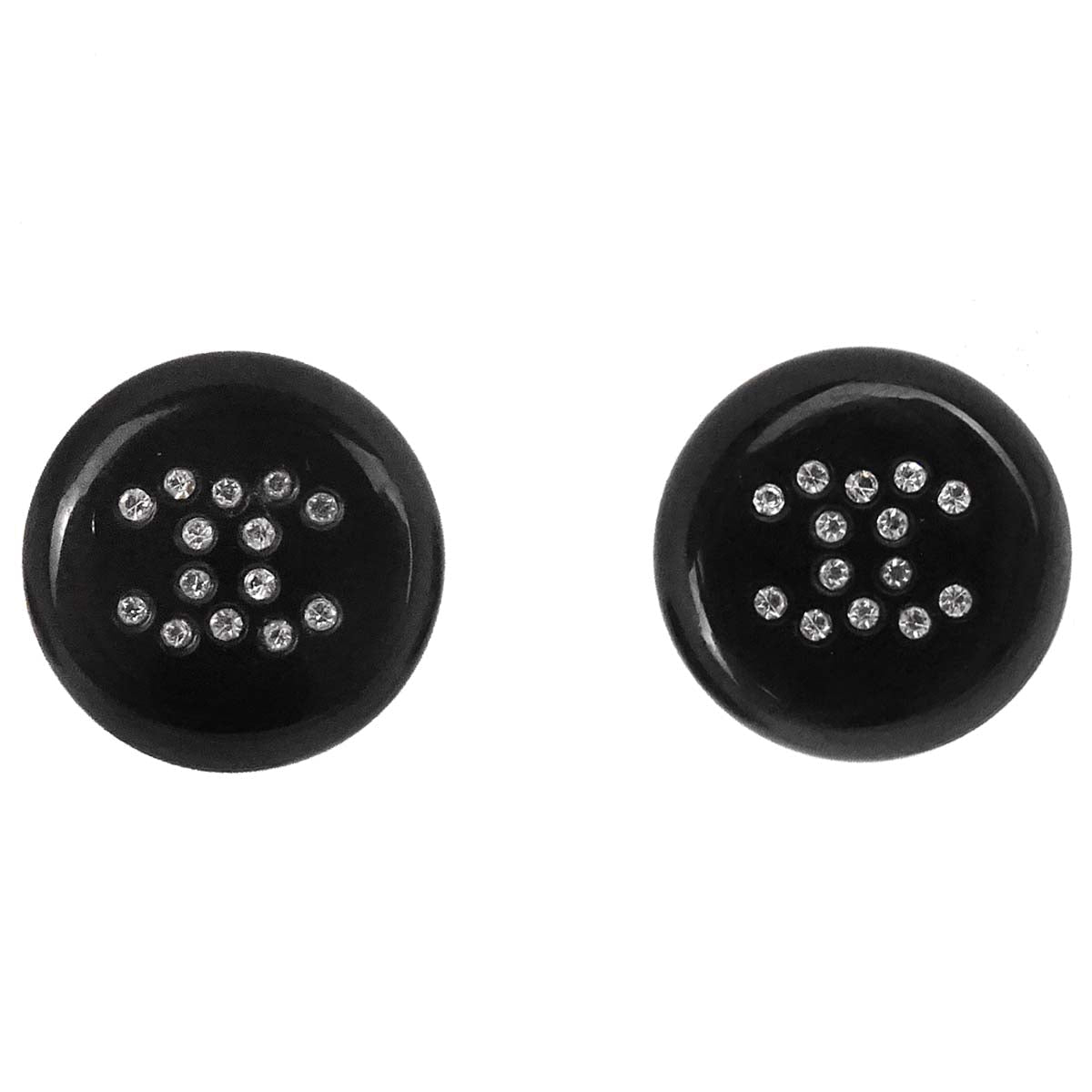 Chanel Button Pierced Earrings Silver Black Rhinestone 04V