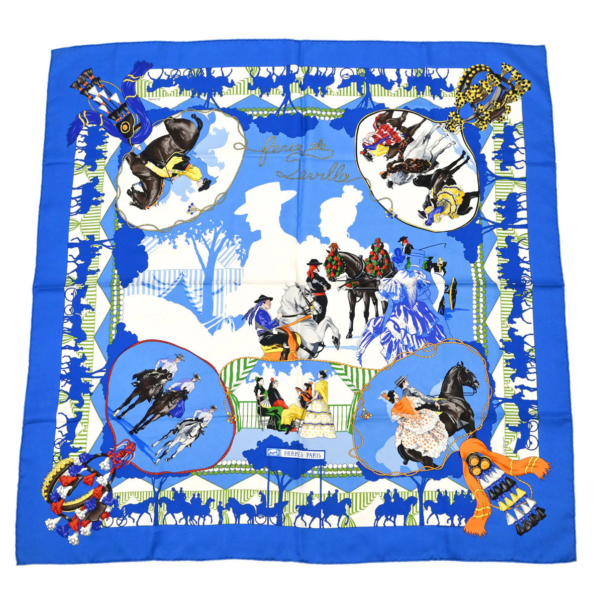 Hermes Scarf Carre 90 Feria de Sevilla Blue Small Good
