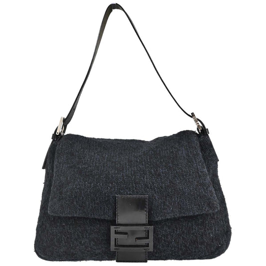 Fendi Navy Black Wool Mamma Baguette Handbag